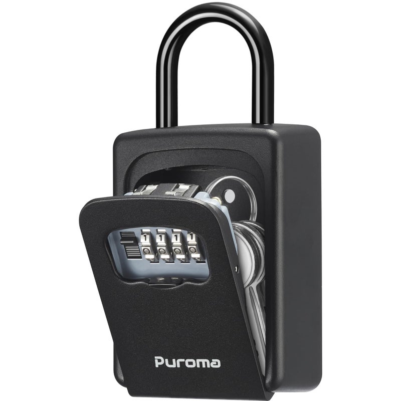 Puroma Lock Box, Large Key Lock Box Resettable Combination Lockbox, Portable Wall Mount Lockbox Security Safe Box for Outside Outdoor Home Office Door Handle House Key, Pure Black (1 Pack) - Image 1